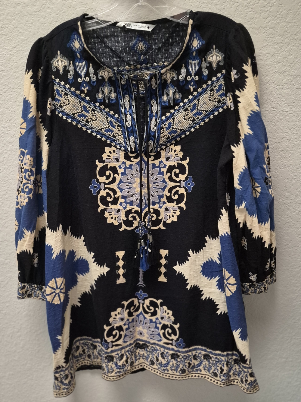 Zara Black, Blue & Cream Embroidered Boho Tunic A-line Dress Or Top Size M